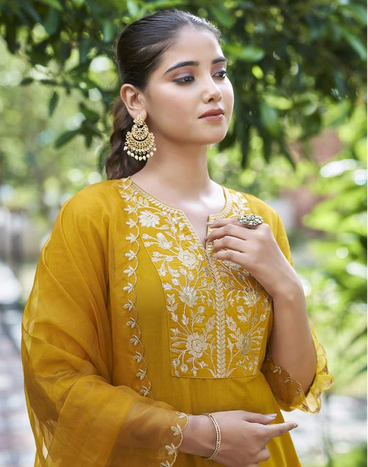 Yellow Silk Plain V Neck 3/4 Sleeve Straight Kurta Set With Pant & Dupatta