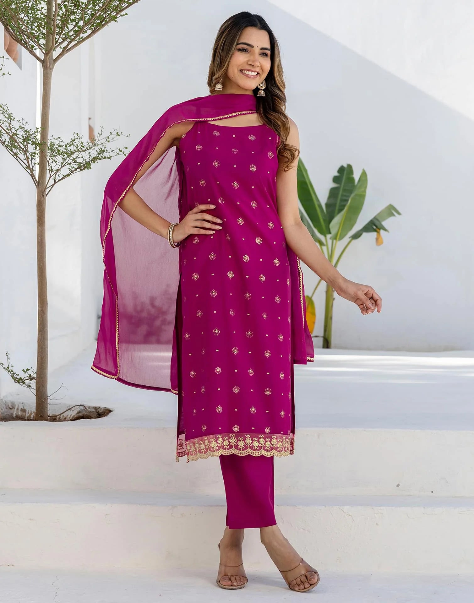 Affordable Ethnic Wear Pink Silk Blend Foil Printed Kurta Set with Embroidery Lace, Pant & Dupatta