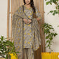 Cotton Straight Printed V-Neck Kurta with Pant & Dupatta