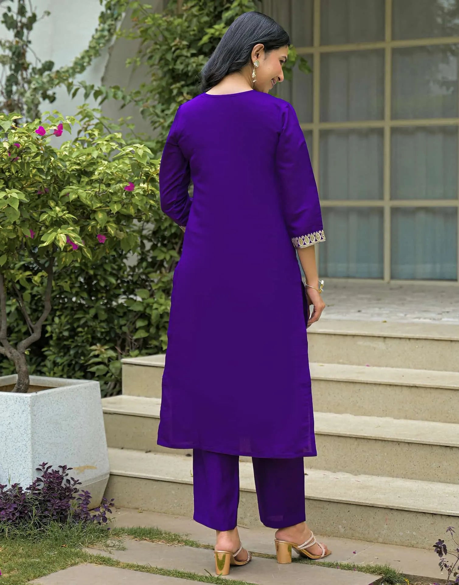 Affordable Purple Silk Embroidered Straight Kurta Set V-Neck Silk Kurti with Pant & Dupatta