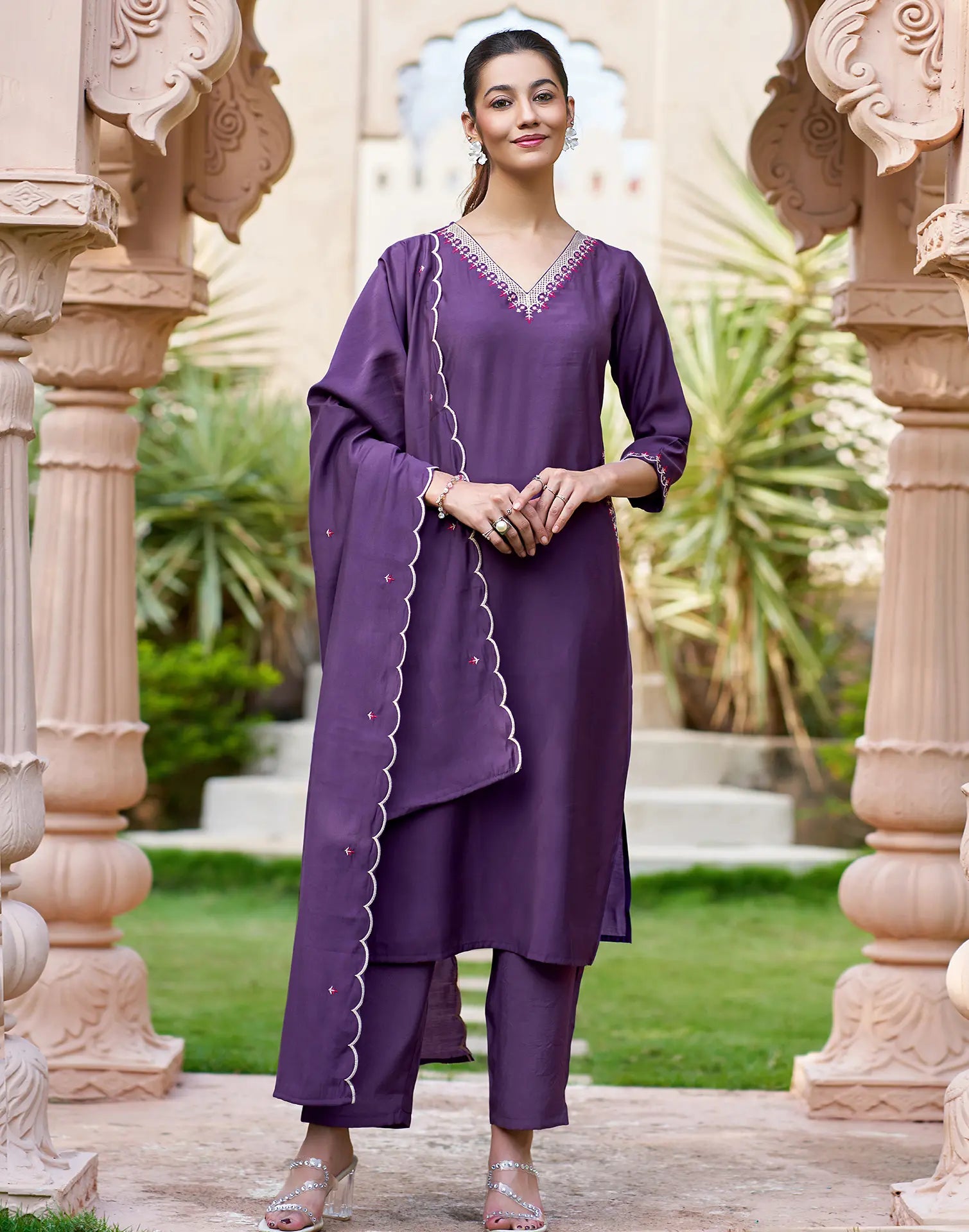 Royal Purple V-Neck Embroidered Pocket Embroidery Straight 3 Piece Kurta Set with Dupatta