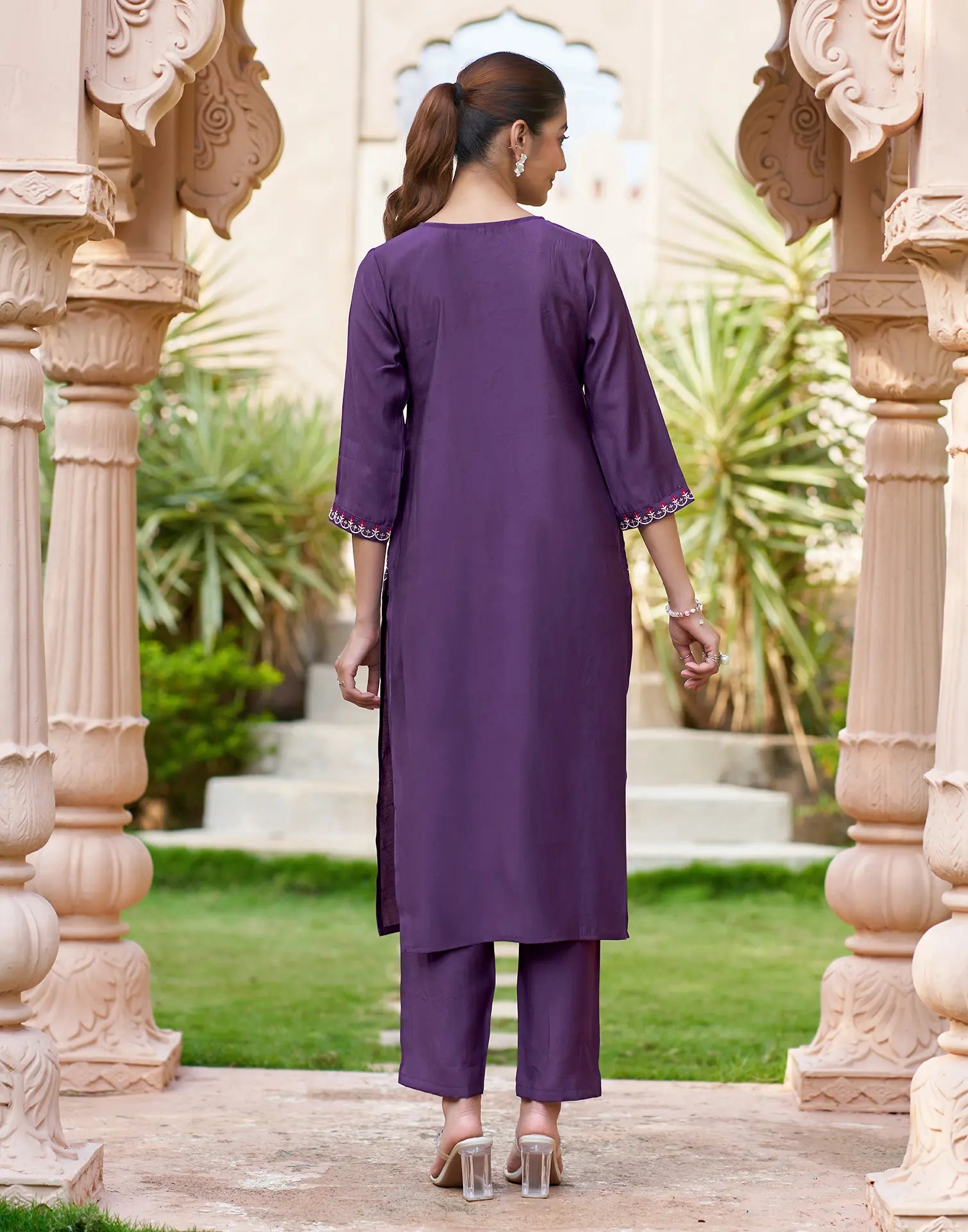 Royal Purple V-Neck Embroidered Pocket Embroidery Straight 3 Piece Kurta Set with Dupatta