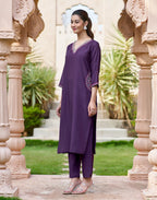 Royal Purple V-Neck Embroidered Pocket Embroidery Straight 3 Piece Kurta Set with Dupatta