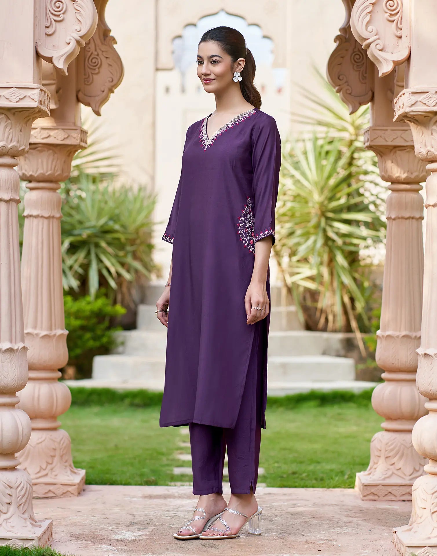 Royal Purple V-Neck Embroidered Pocket Embroidery Straight 3 Piece Kurta Set with Dupatta