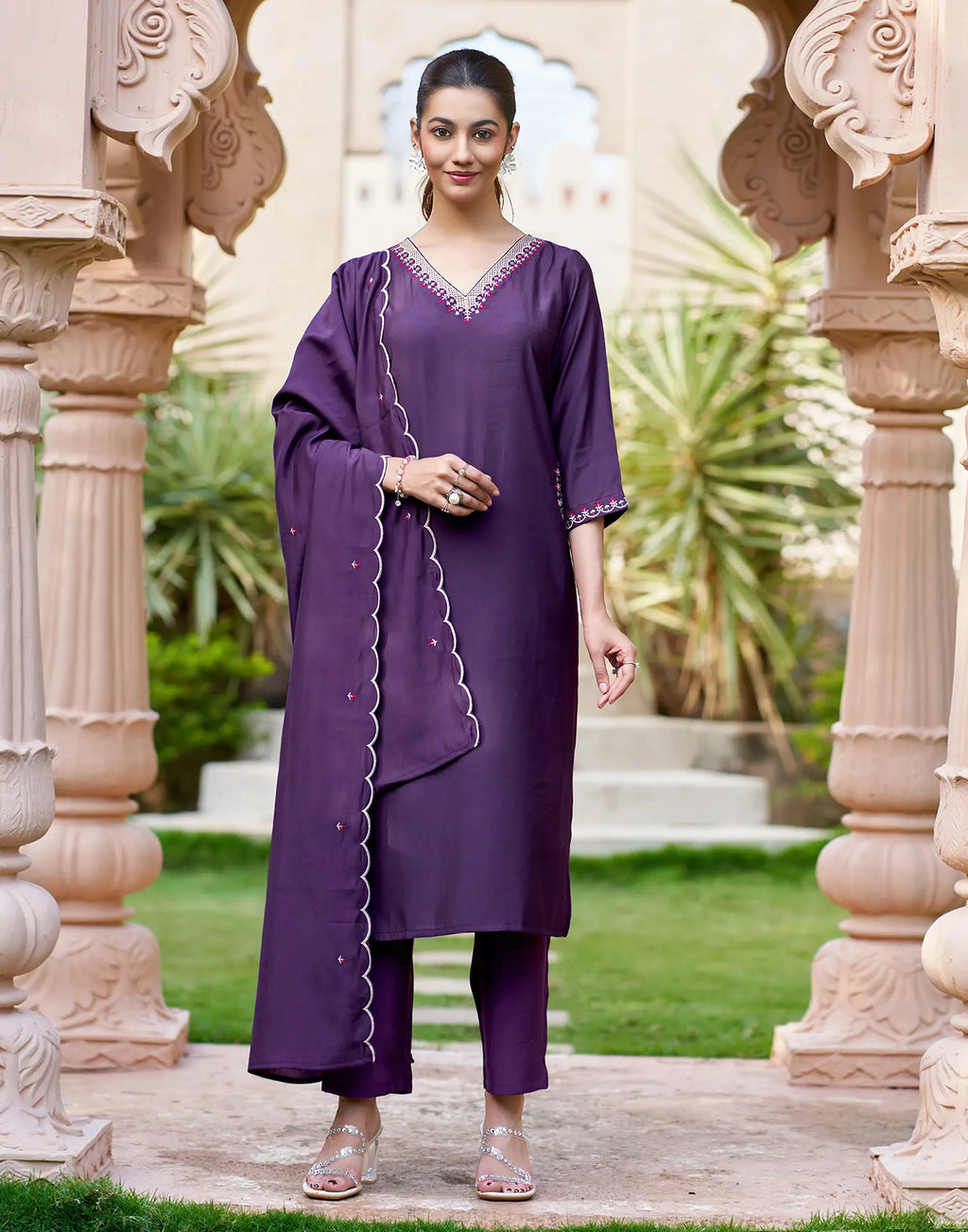 Royal Purple V-Neck Embroidered Pocket Embroidery Straight 3 Piece Kurta Set with Dupatta