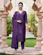 Royal Purple V-Neck Embroidered Pocket Embroidery Straight 3 Piece Kurta Set with Dupatta