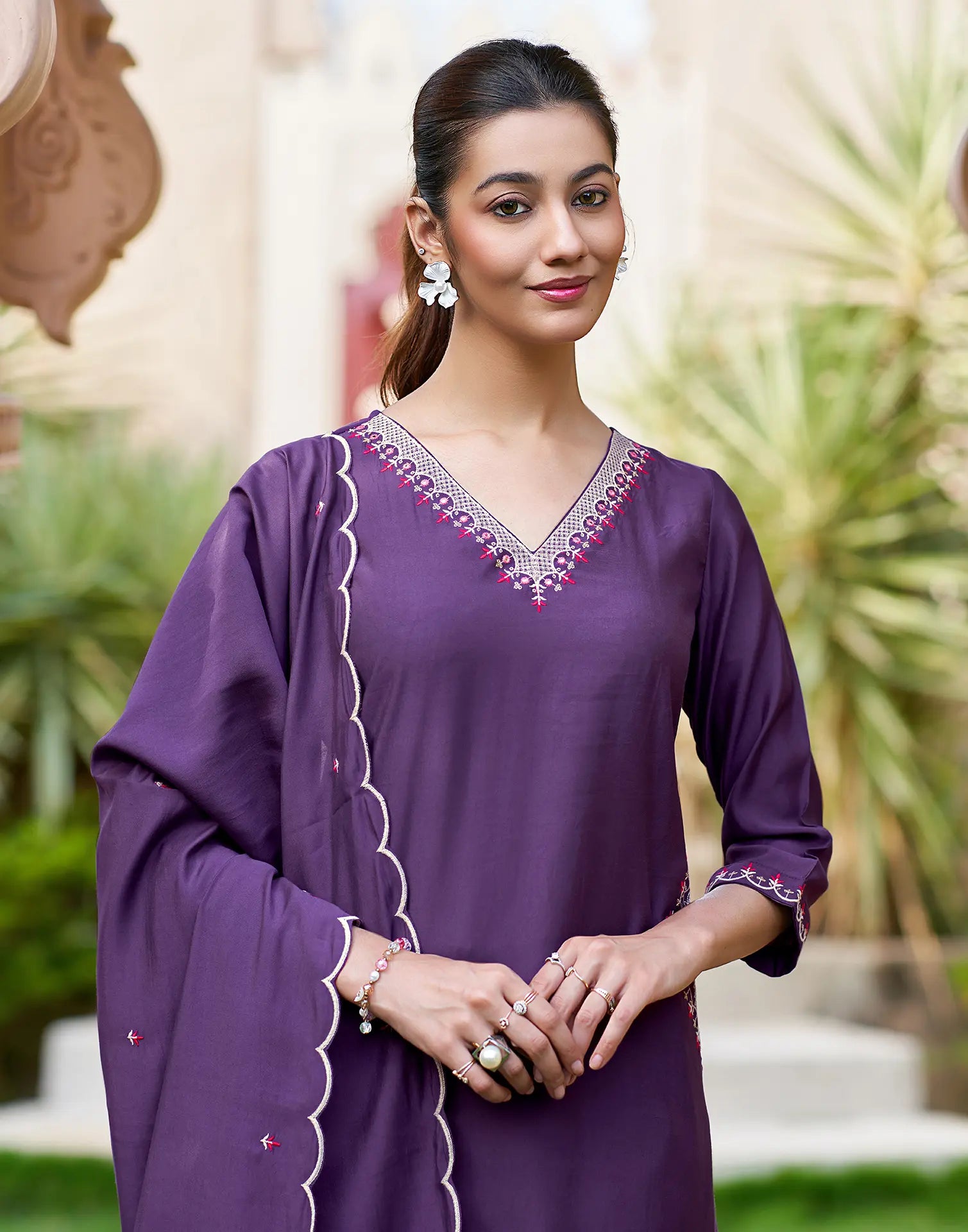 Royal Purple V-Neck Embroidered Pocket Embroidery Straight 3 Piece Kurta Set with Dupatta