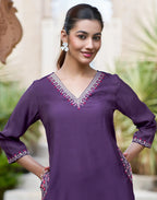 Royal Purple V-Neck Embroidered Pocket Embroidery Straight 3 Piece Kurta Set with Dupatta