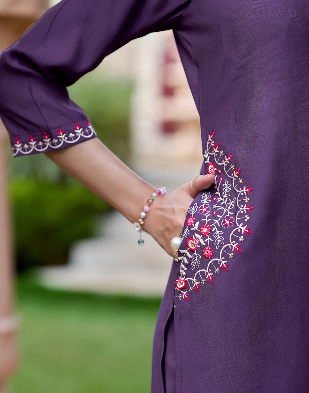 Royal Purple V-Neck Embroidered Pocket Embroidery Straight 3 Piece Kurta Set with Dupatta