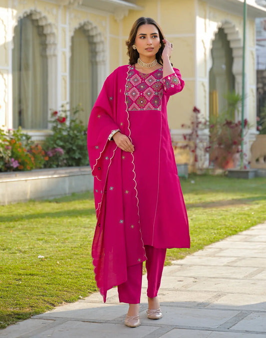 Silk Embroidered Straight 3 Piece Kurta Set