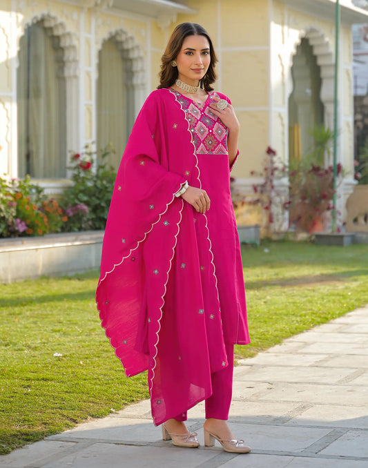 Silk Embroidered Straight 3 Piece Kurta Set