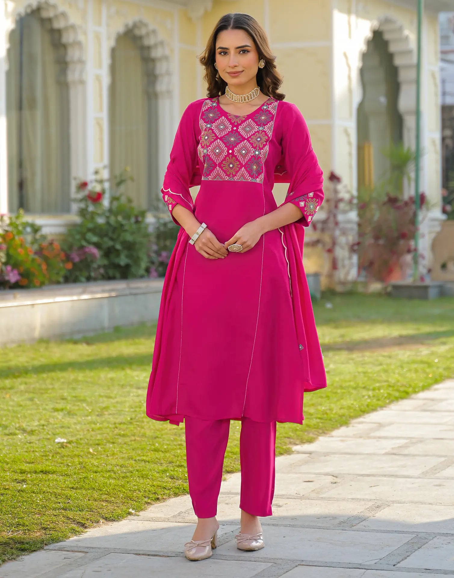 Skylee Silk Embroidered Straight 3 Piece Kurta Set For Woman