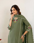 Skylee Silk Blend Embroidered Straight 3 Piece Kurta Set For Woman