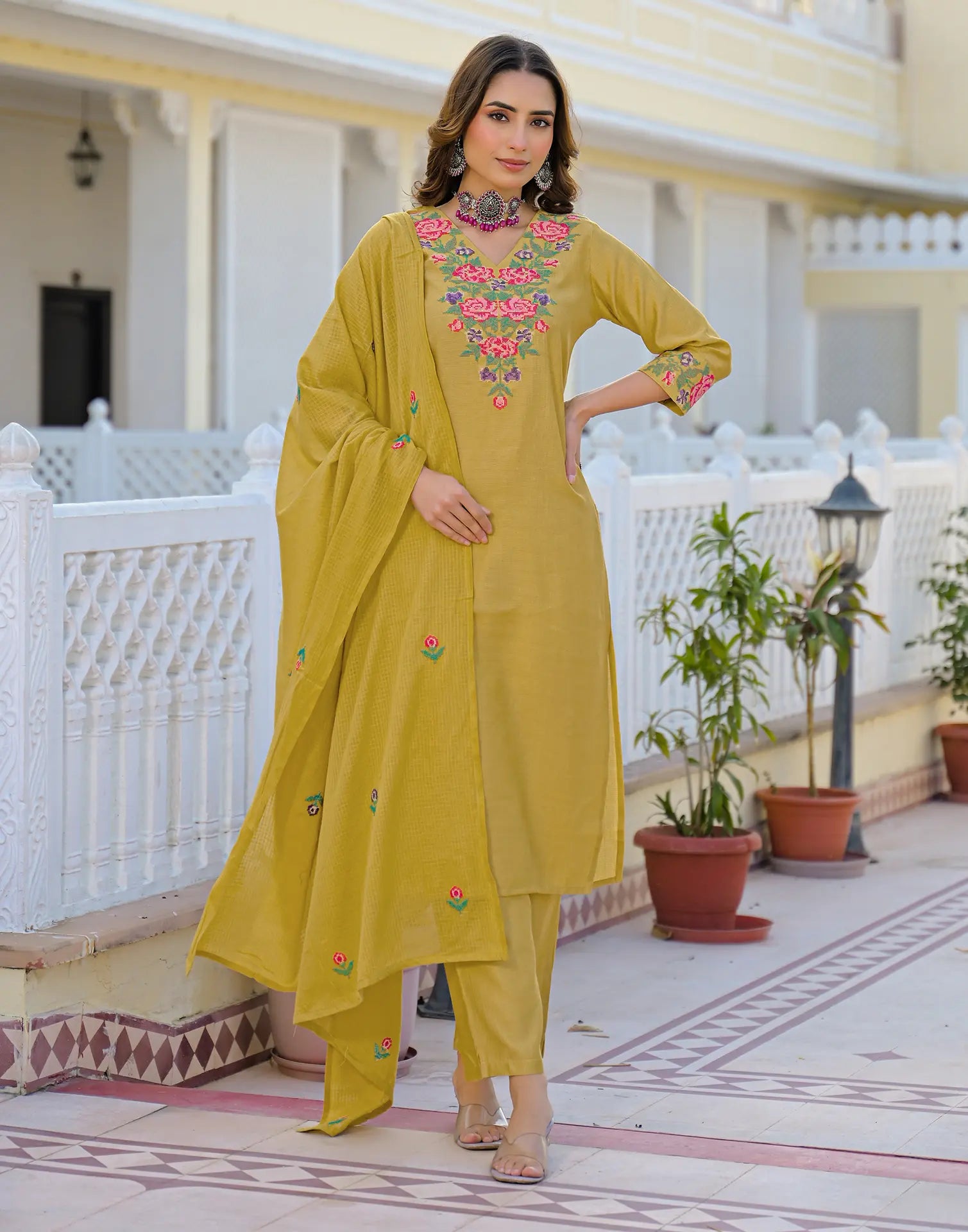 Skylee Cotton Embroidered Straight 3 Piece Kurta Set For Woman