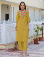 Skylee Cotton Embroidered Straight 3 Piece Kurta Set For Woman