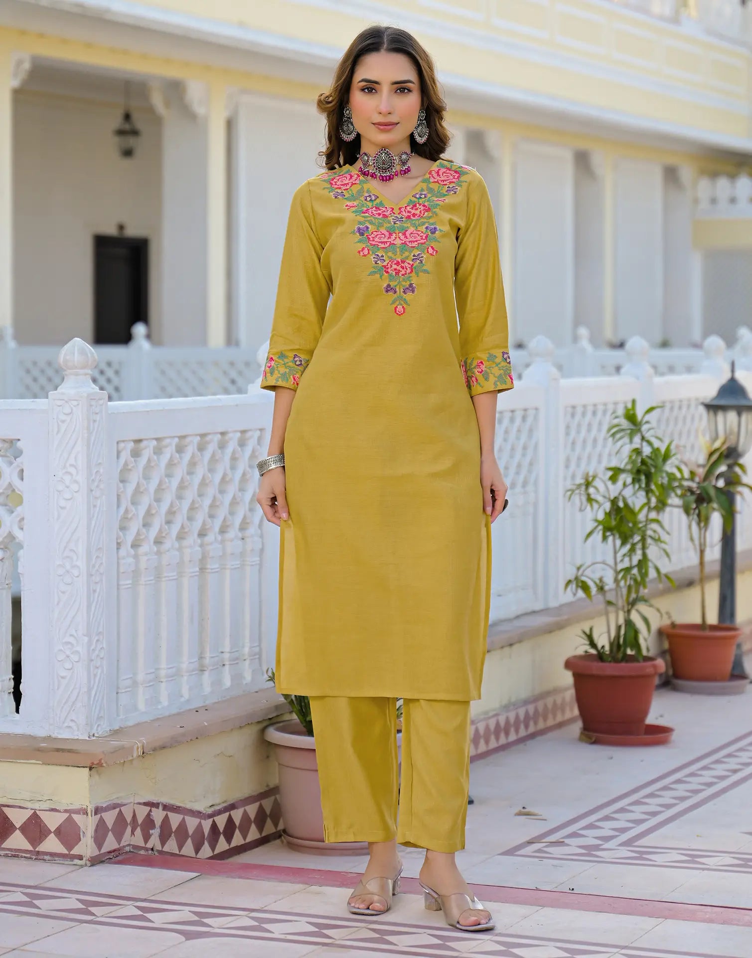 Skylee Cotton Embroidered Straight 3 Piece Kurta Set For Woman