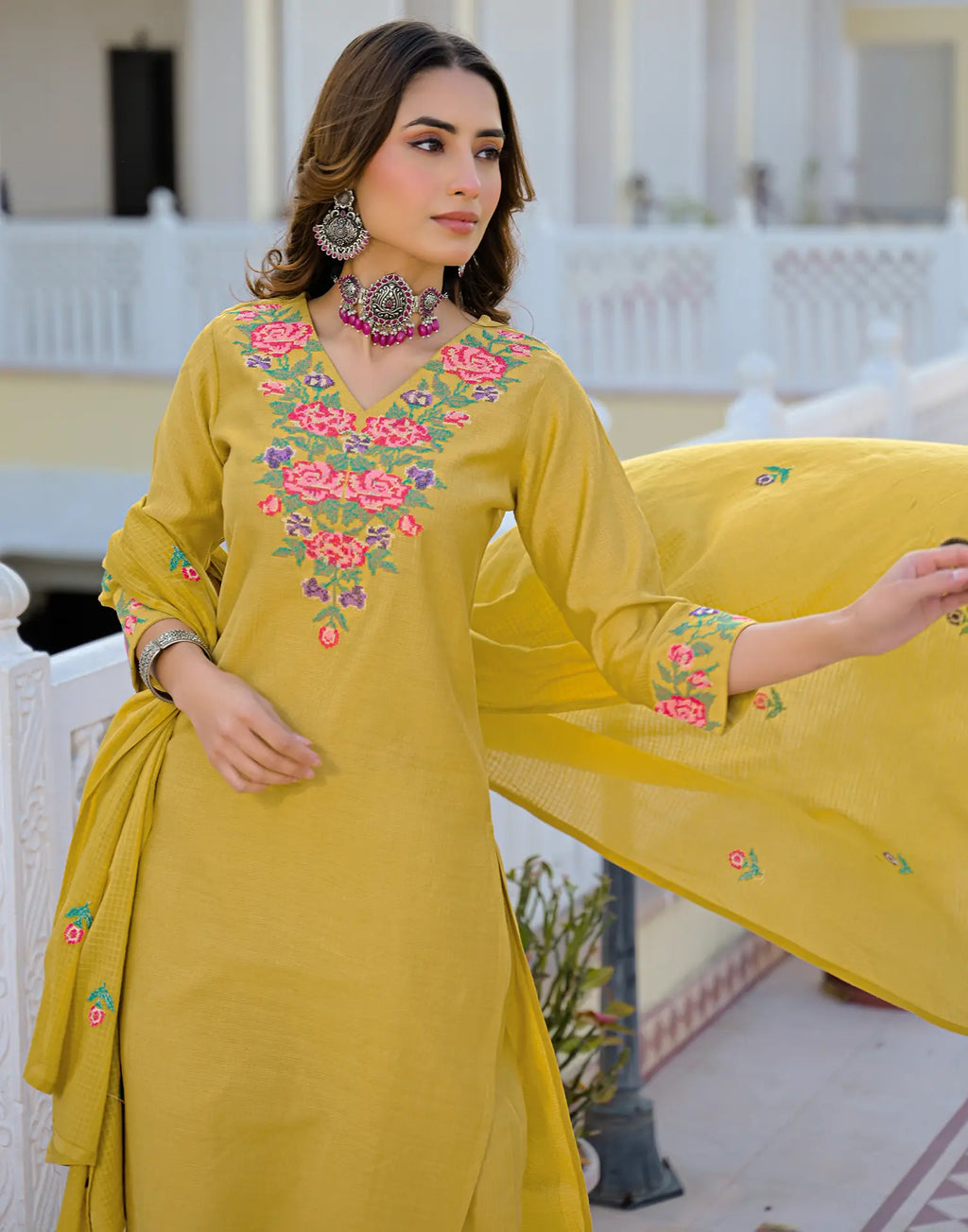 Skylee Cotton Embroidered Straight 3 Piece Kurta Set For Woman