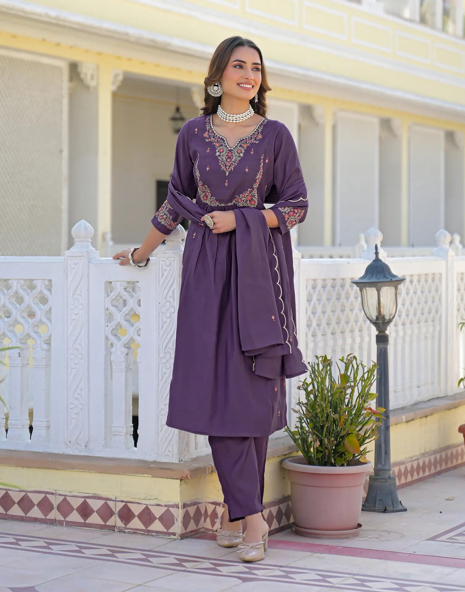 Skylee Silk Embroidered Straight 3 Piece Kurta Set For Woman