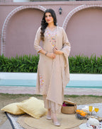 Bone Beige V-Neck Embroidered A-Line 3 Piece Kurta Set with Dupatta