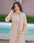 Bone Beige V-Neck Embroidered A-Line 3 Piece Kurta Set with Dupatta