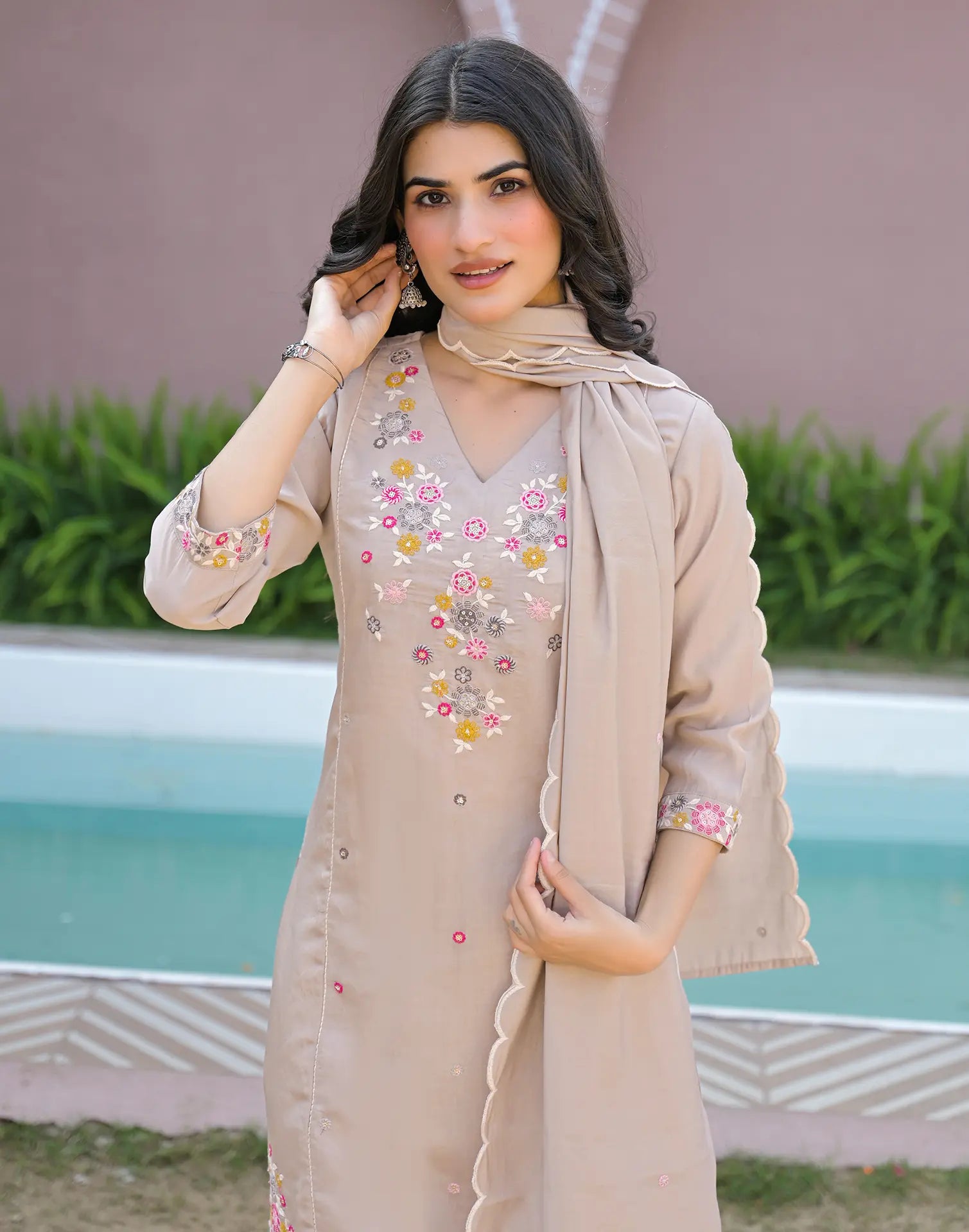 Bone Beige V-Neck Embroidered A-Line 3 Piece Kurta Set with Dupatta