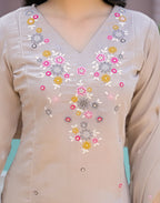 Bone Beige V-Neck Embroidered A-Line 3 Piece Kurta Set with Dupatta