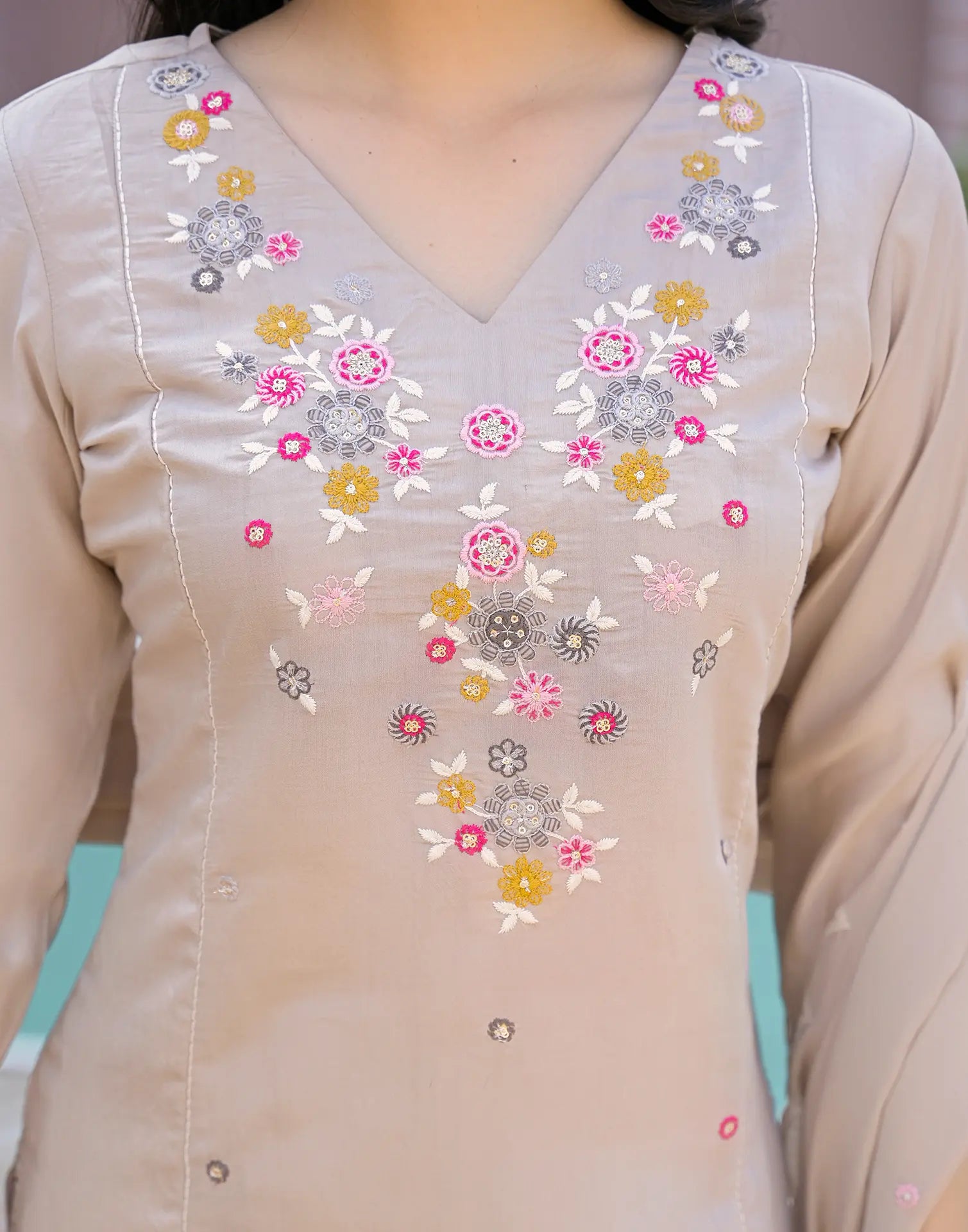 Bone Beige V-Neck Embroidered A-Line 3 Piece Kurta Set with Dupatta