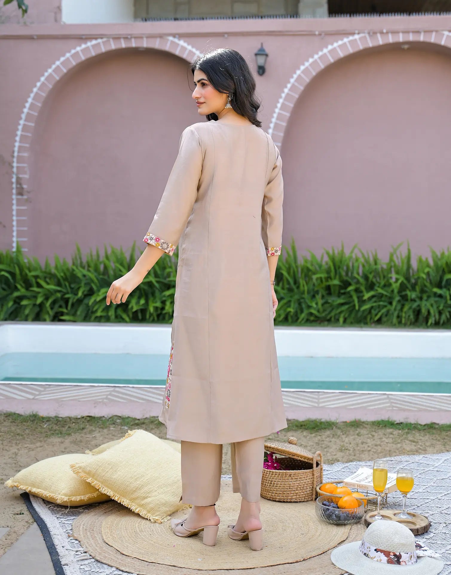 Bone Beige V-Neck Embroidered A-Line 3 Piece Kurta Set with Dupatta