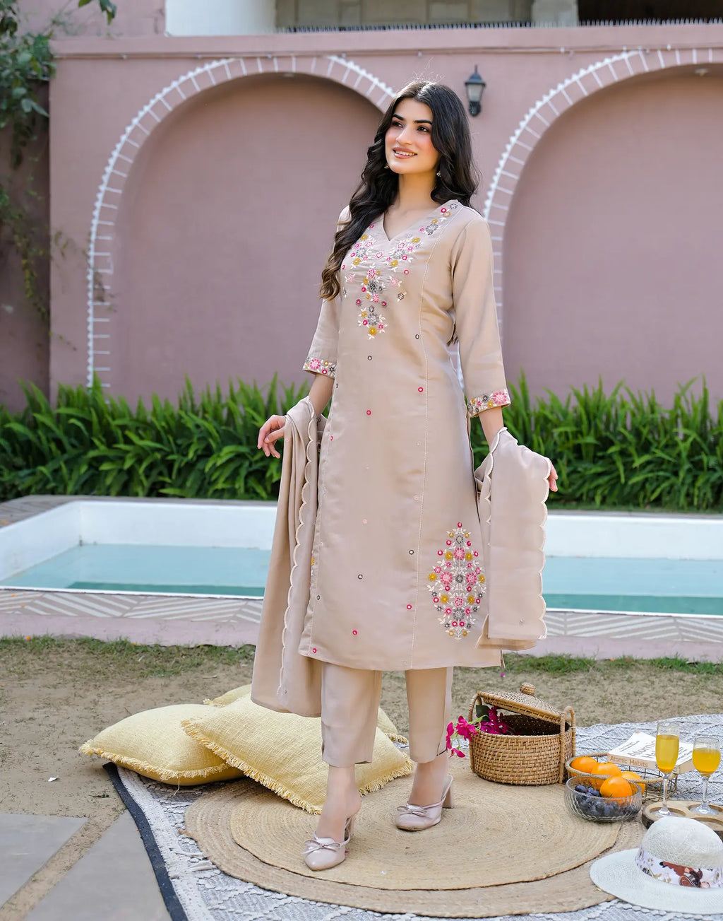 Bone Beige V-Neck Embroidered A-Line 3 Piece Kurta Set with Dupatta