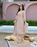 Bone Beige V-Neck Embroidered A-Line 3 Piece Kurta Set with Dupatta