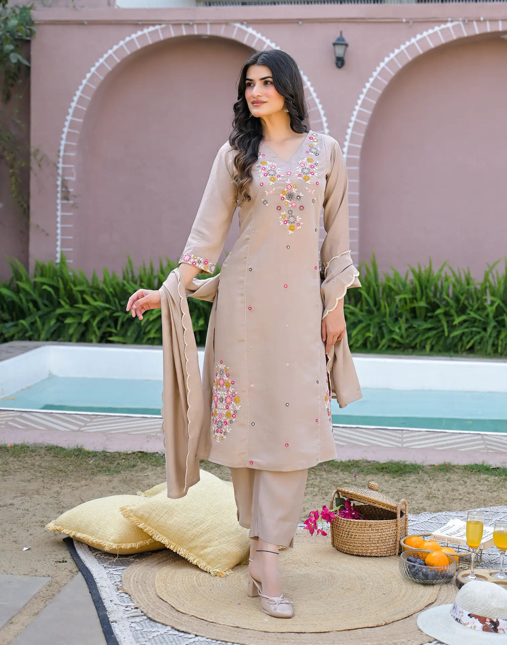 Bone Beige V-Neck Embroidered A-Line 3 Piece Kurta Set with Dupatta