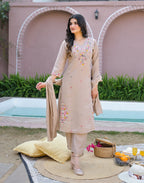 Bone Beige V-Neck Embroidered A-Line 3 Piece Kurta Set with Dupatta