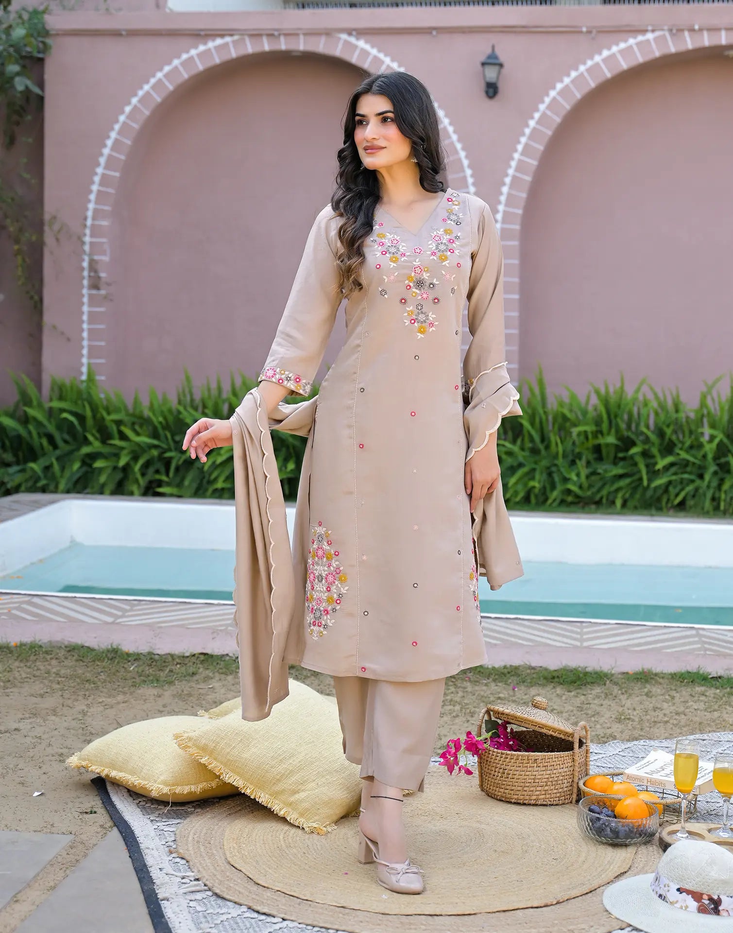 Bone Beige V-Neck Embroidered A-Line 3 Piece Kurta Set with Dupatta