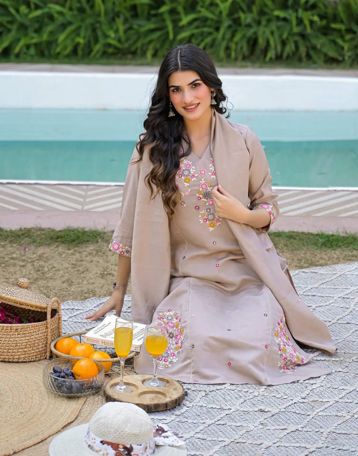 Bone Beige V-Neck Embroidered A-Line 3 Piece Kurta Set with Dupatta