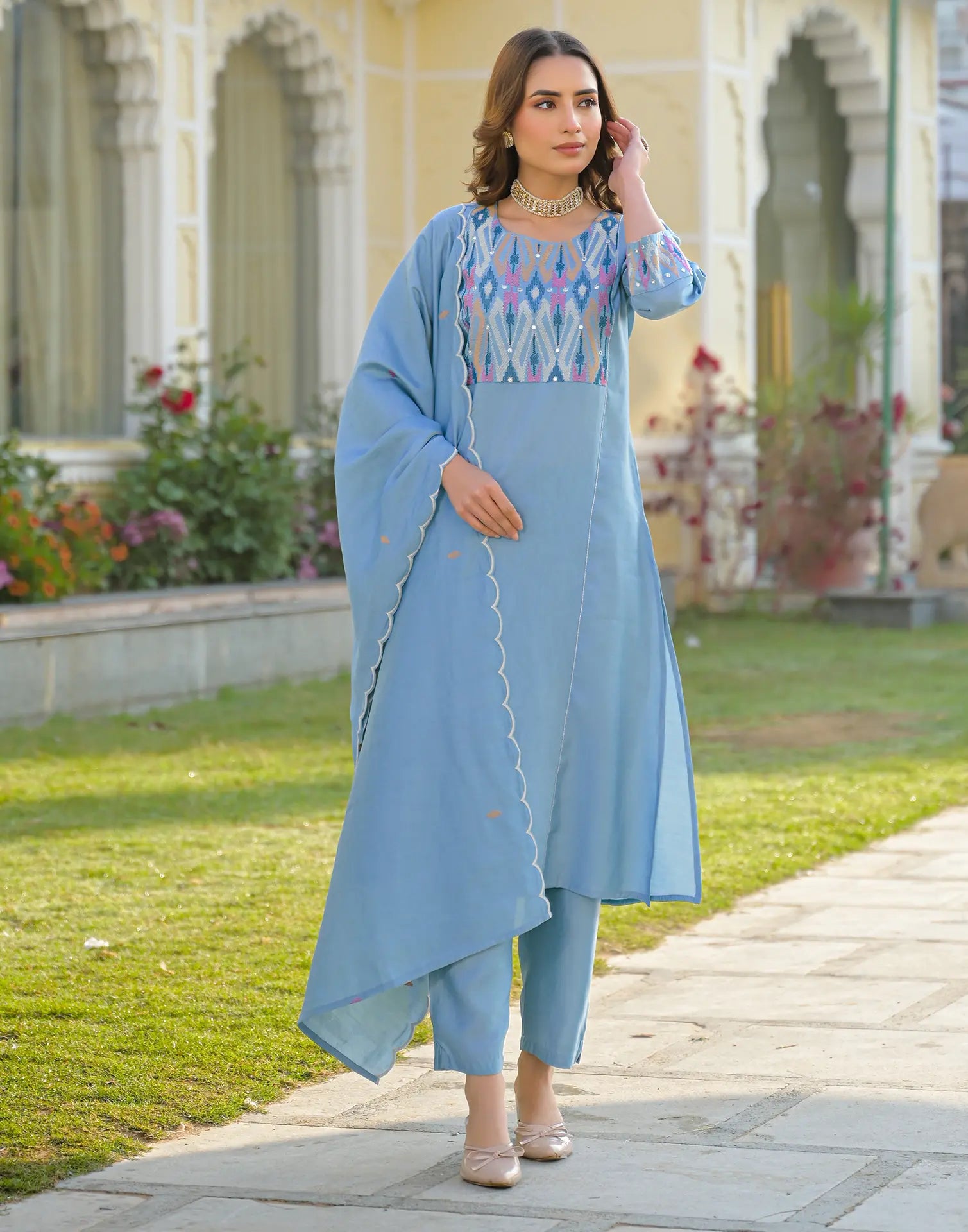 Skylee Silk Embroidered Straight 3 Piece Kurta Set For Woman