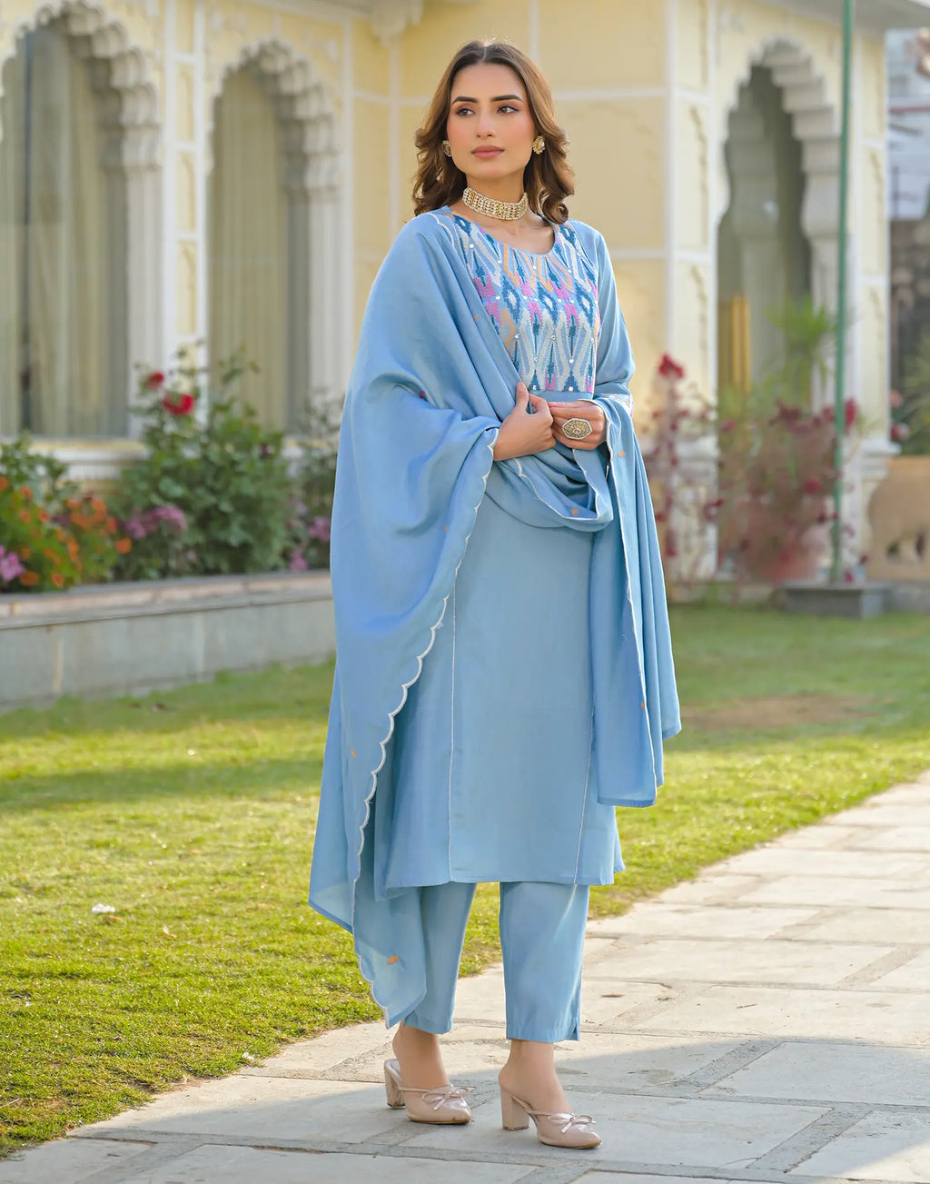 Skylee Silk Embroidered Straight 3 Piece Kurta Set For Woman