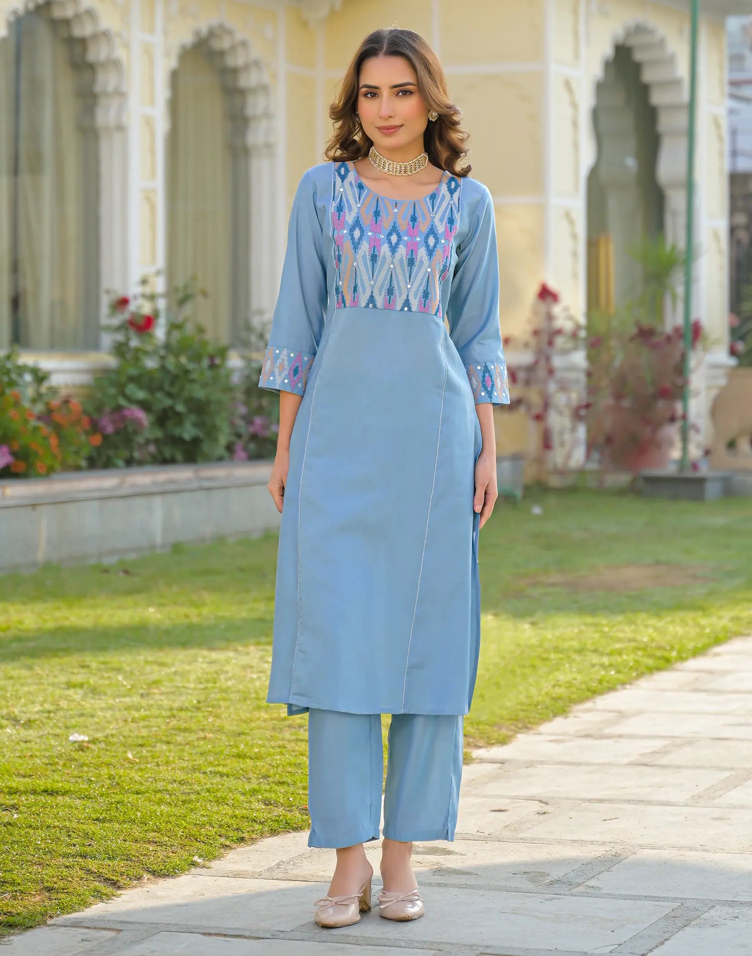 Skylee Silk Embroidered Straight 3 Piece Kurta Set For Woman