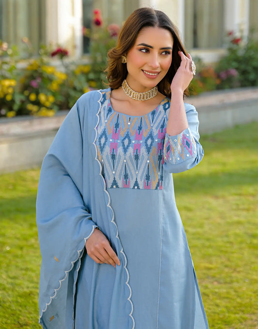 Silk Embroidered Straight 3 Piece Kurta Set