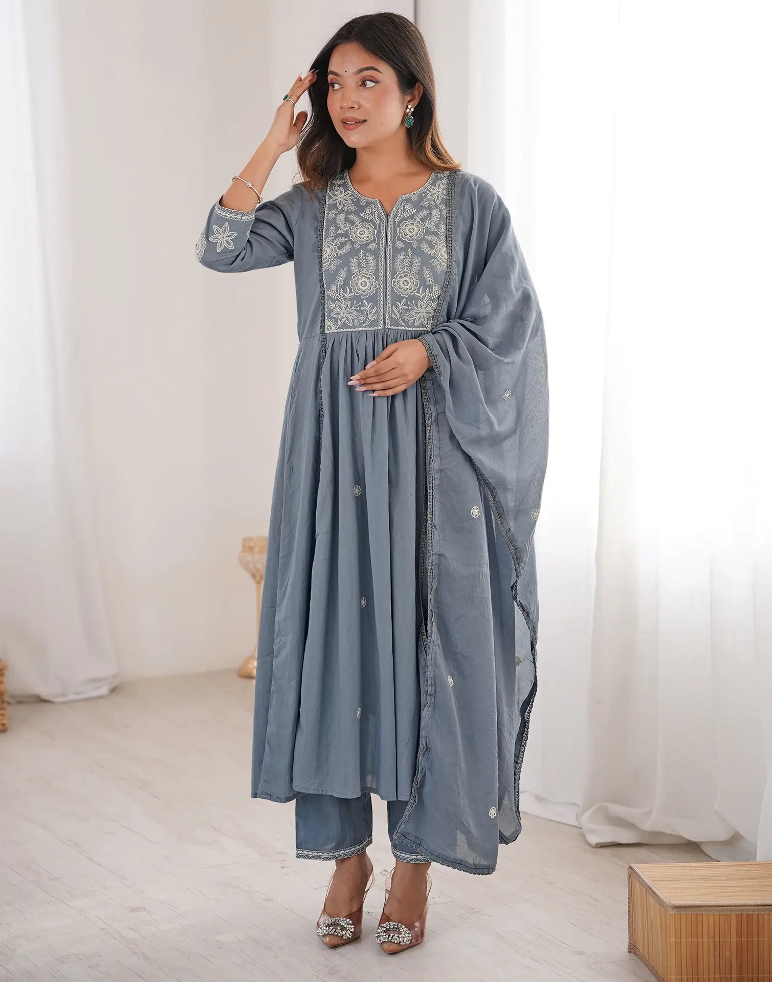 Skylee Cotton Embroidered A-Line 3 Piece Kurta Set For Woman