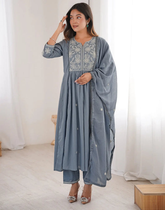 Cotton Embroidered Anarkali 3 Piece Kurta Set