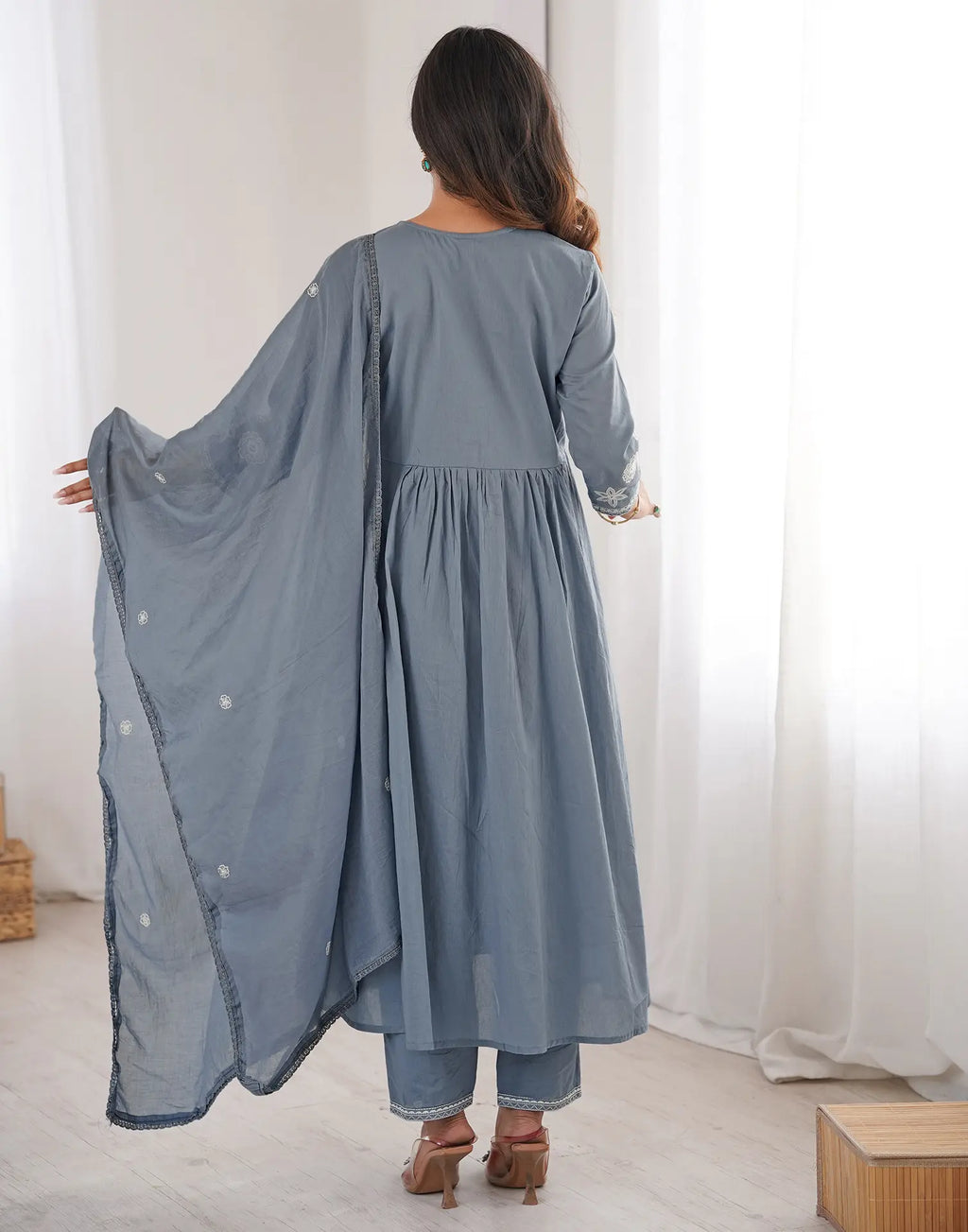 Skylee Cotton Embroidered A-Line 3 Piece Kurta Set For Woman