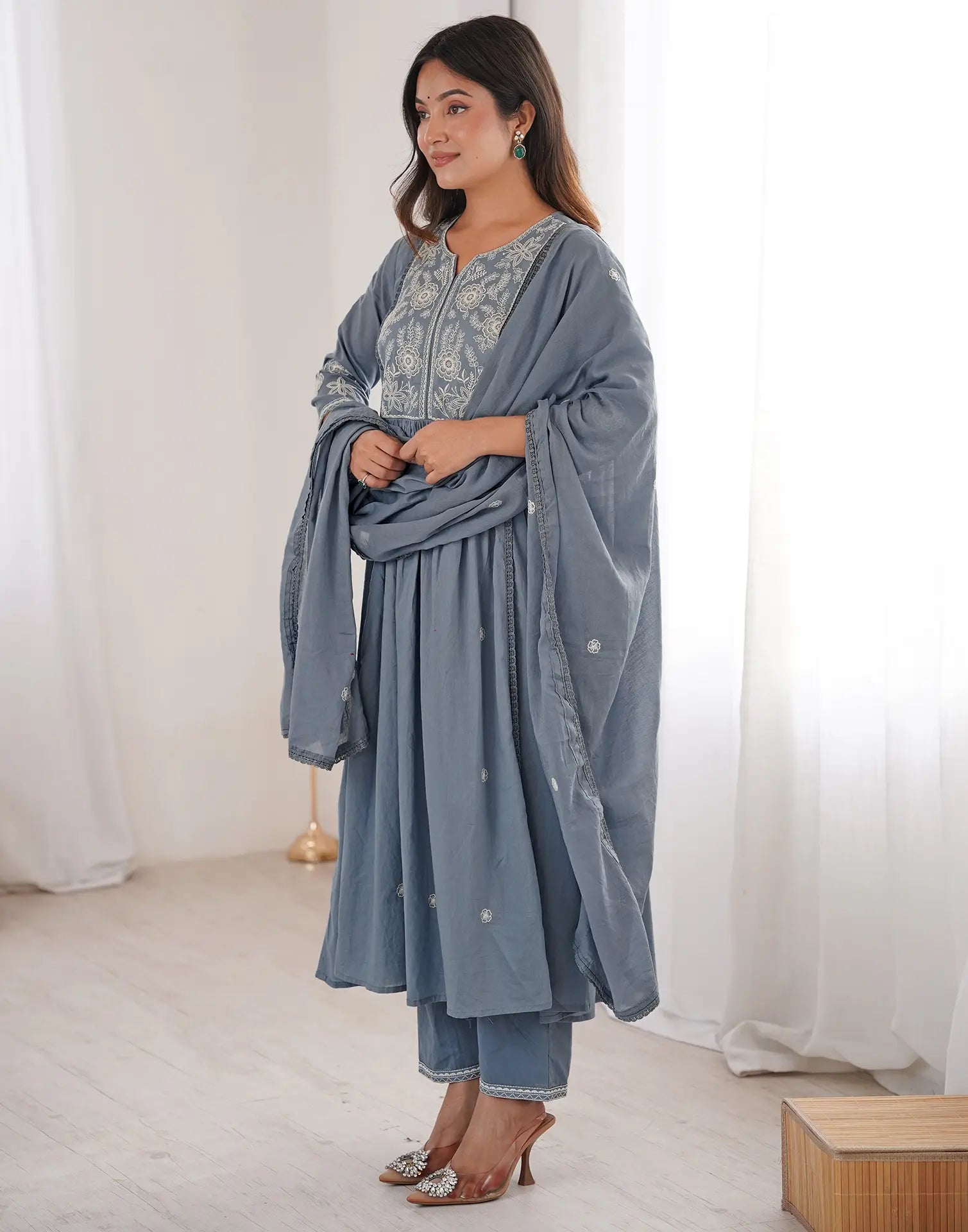 Skylee Cotton Embroidered A-Line 3 Piece Kurta Set For Woman