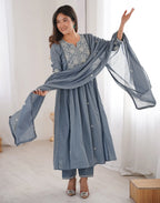 Skylee Cotton Embroidered A-Line 3 Piece Kurta Set For Woman