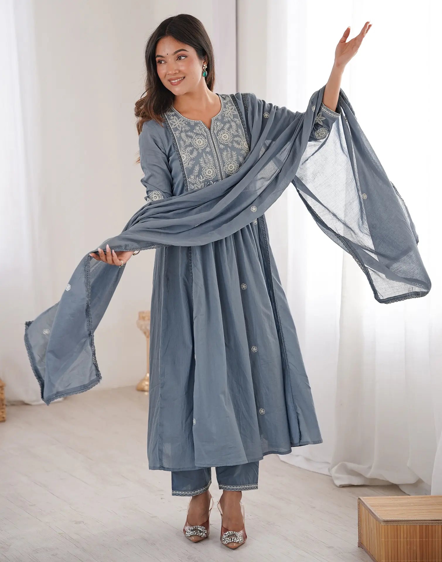 Skylee Cotton Embroidered A-Line 3 Piece Kurta Set For Woman