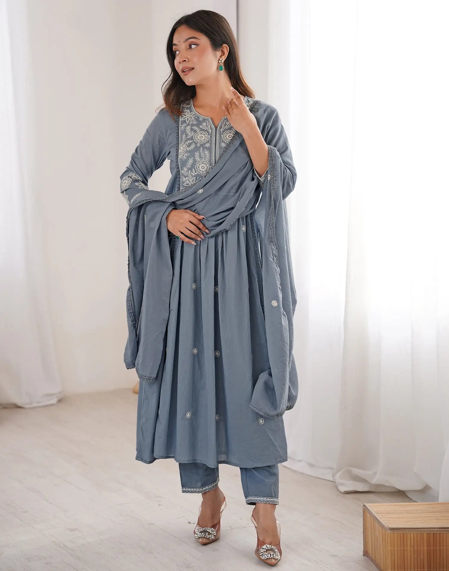 Skylee Cotton Embroidered A-Line 3 Piece Kurta Set For Woman