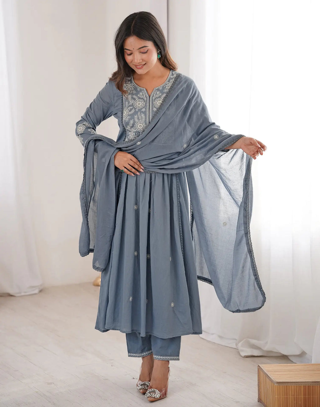 Skylee Cotton Embroidered A-Line 3 Piece Kurta Set For Woman