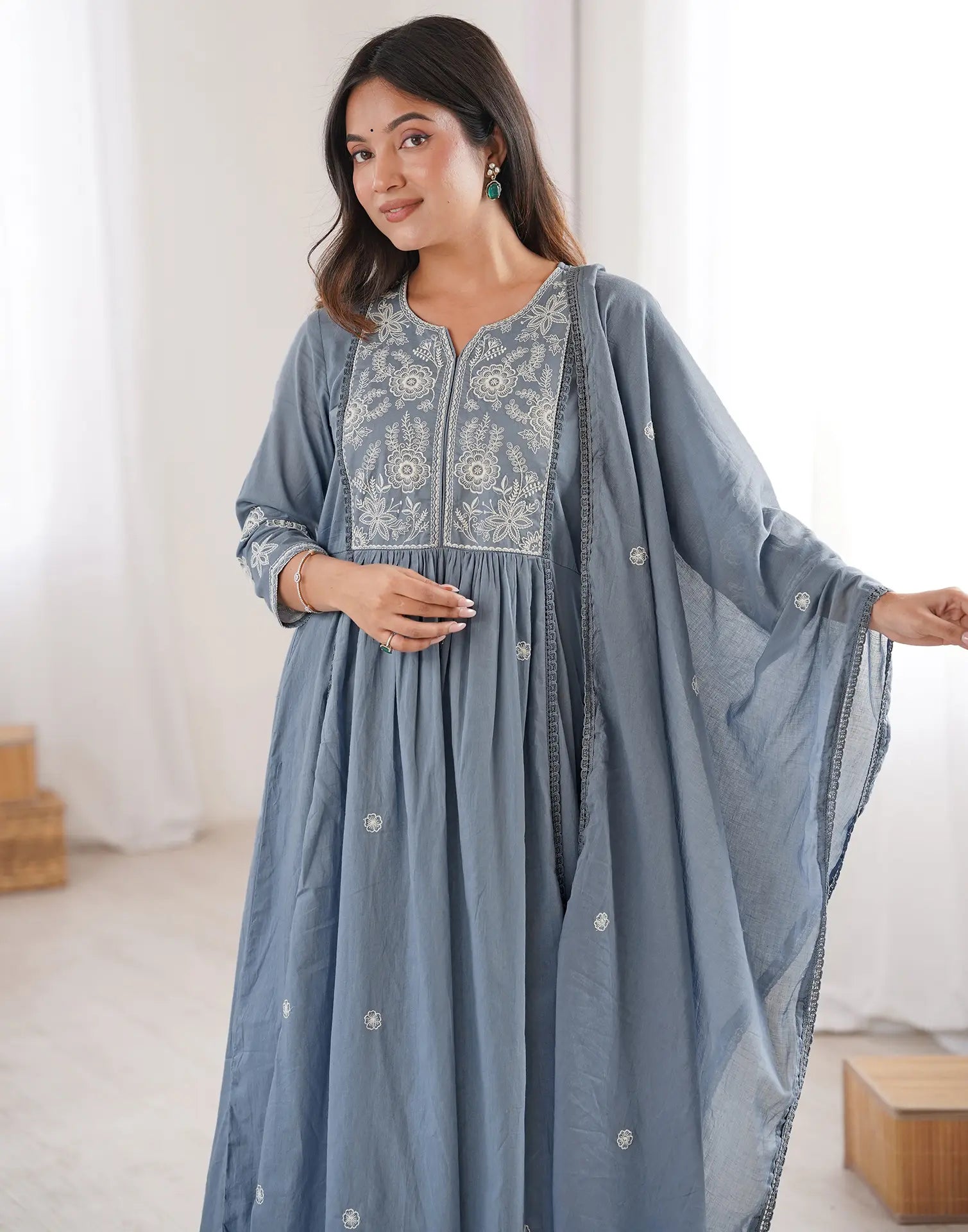 Skylee Cotton Embroidered A-Line 3 Piece Kurta Set For Woman