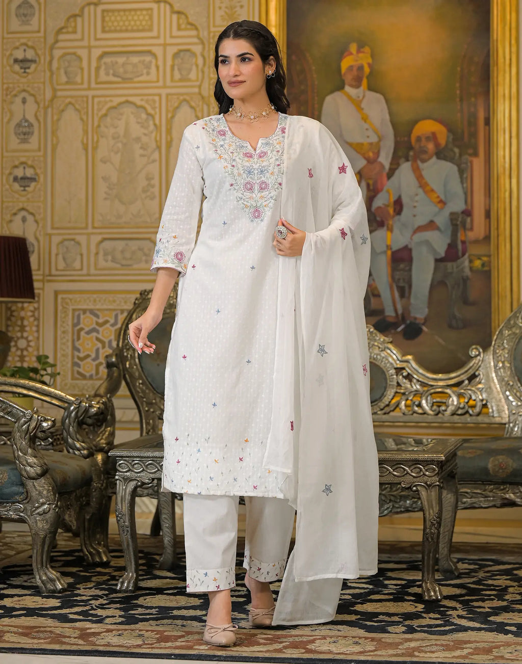 Skylee Cotton Embroidered Straight 3 Piece Kurta Set For Woman