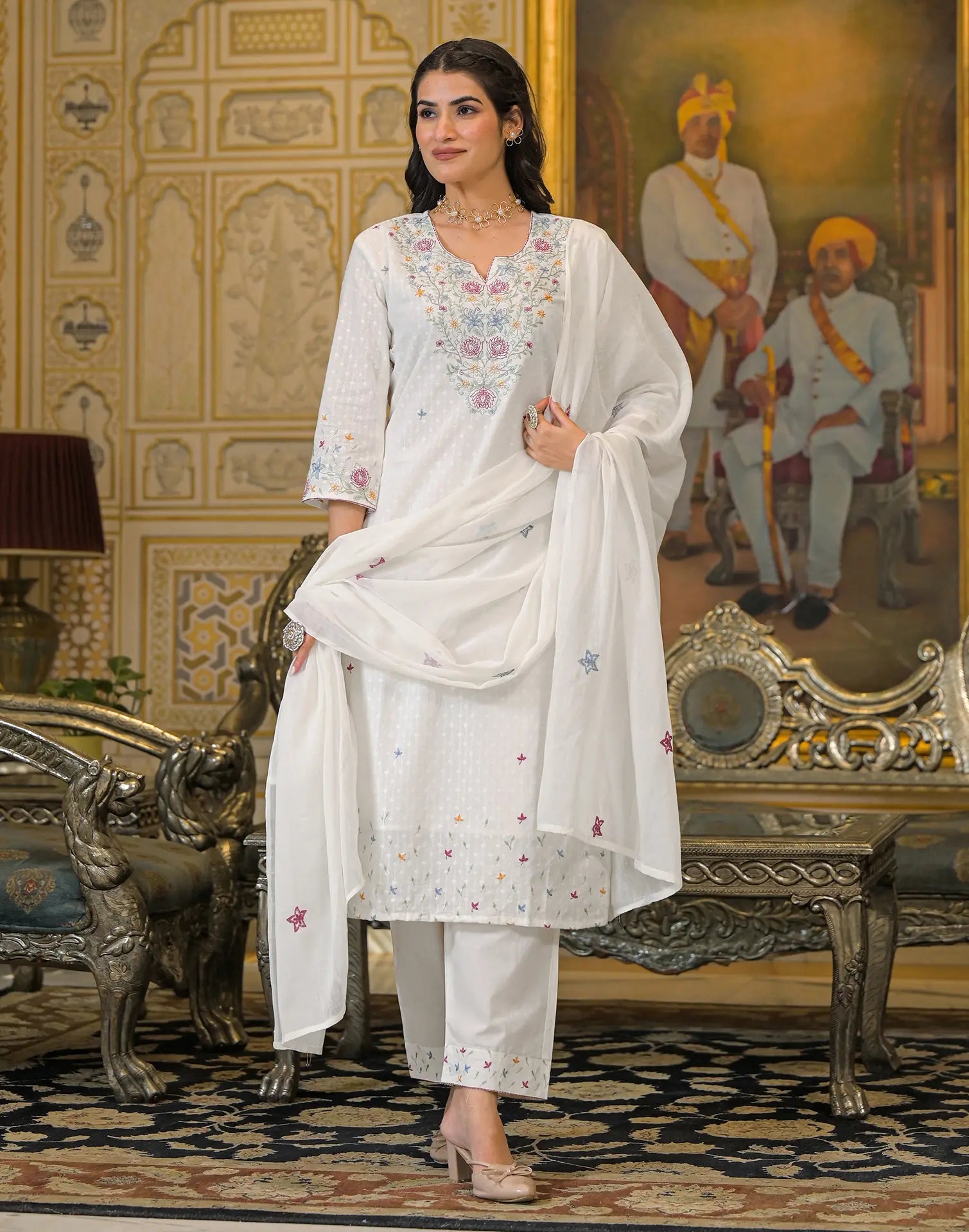 Skylee Cotton Embroidered Straight 3 Piece Kurta Set For Woman