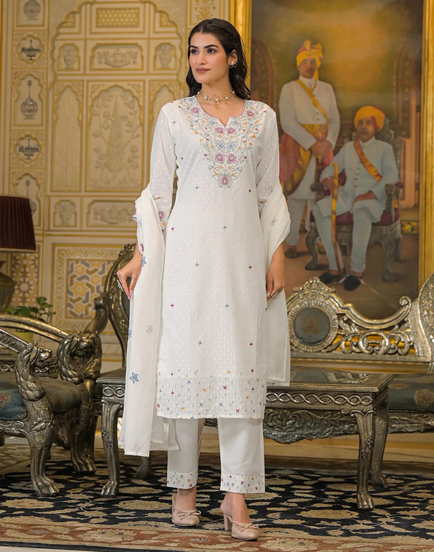 Skylee Cotton Embroidered Straight 3 Piece Kurta Set For Woman